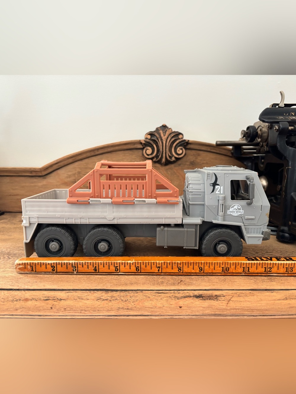 Gray Military-Style Cargo Truck Toy with Orange Crate